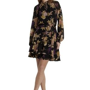 New Lauren Ralph Lauren Dress Women's Size 14 Black floral Long Sleeve Boho Fall